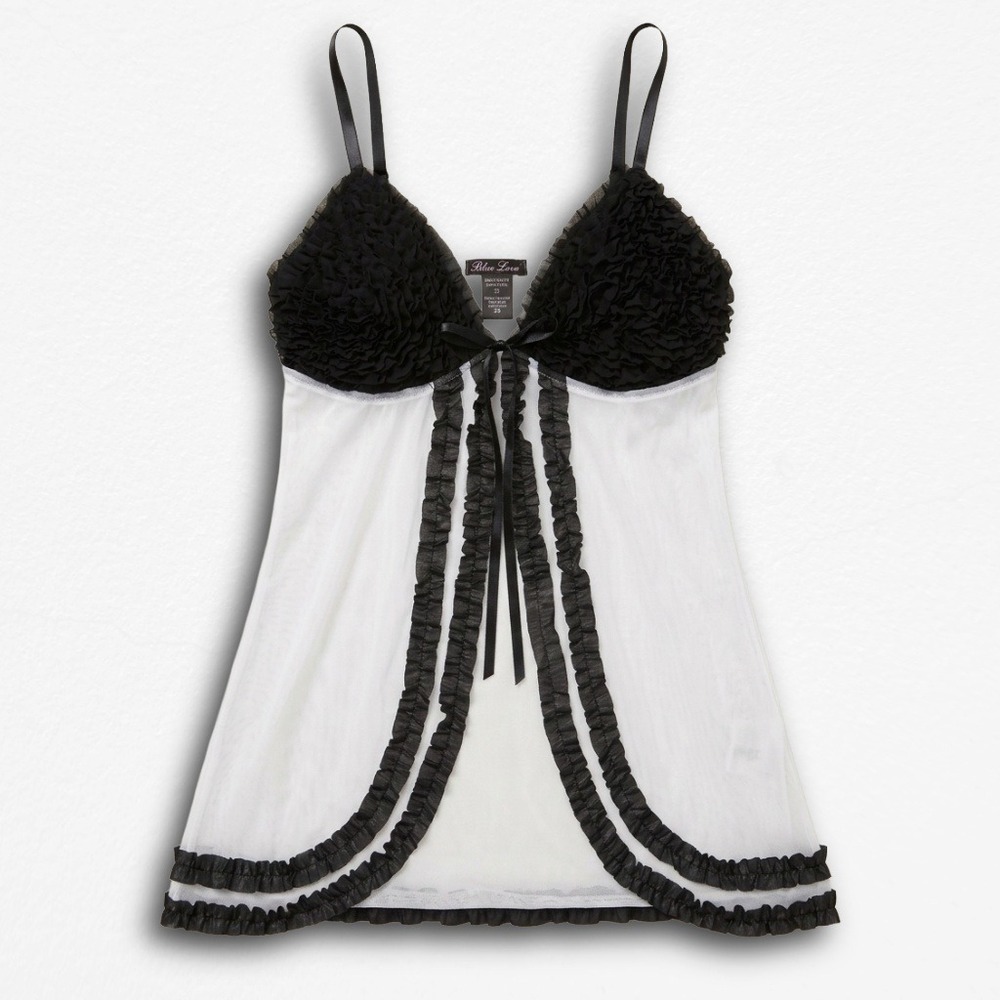 Babydoll Chemise Black White Ruffle Sheer Mesh Flyaway Lingerie‎ 2X